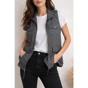 LOFT Gray Utility Vest Women Medium Cargo Safari Zip Up Outdoor Lightweight